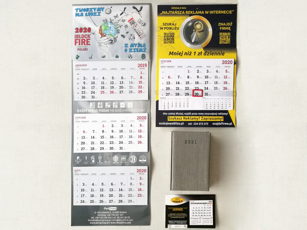 Advertising calendars, one-fold calendars, three-fold calendars, book calendars and desk calendars.